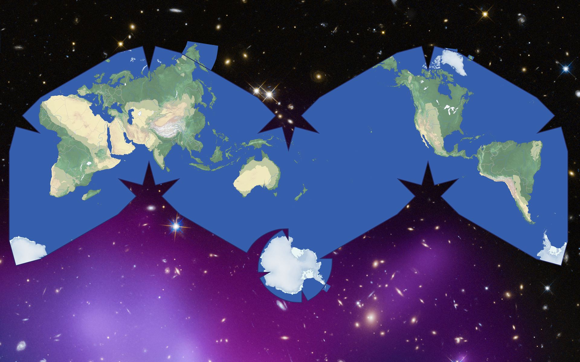 Cahill-Keyes World Map by Duncan Webb in starry background