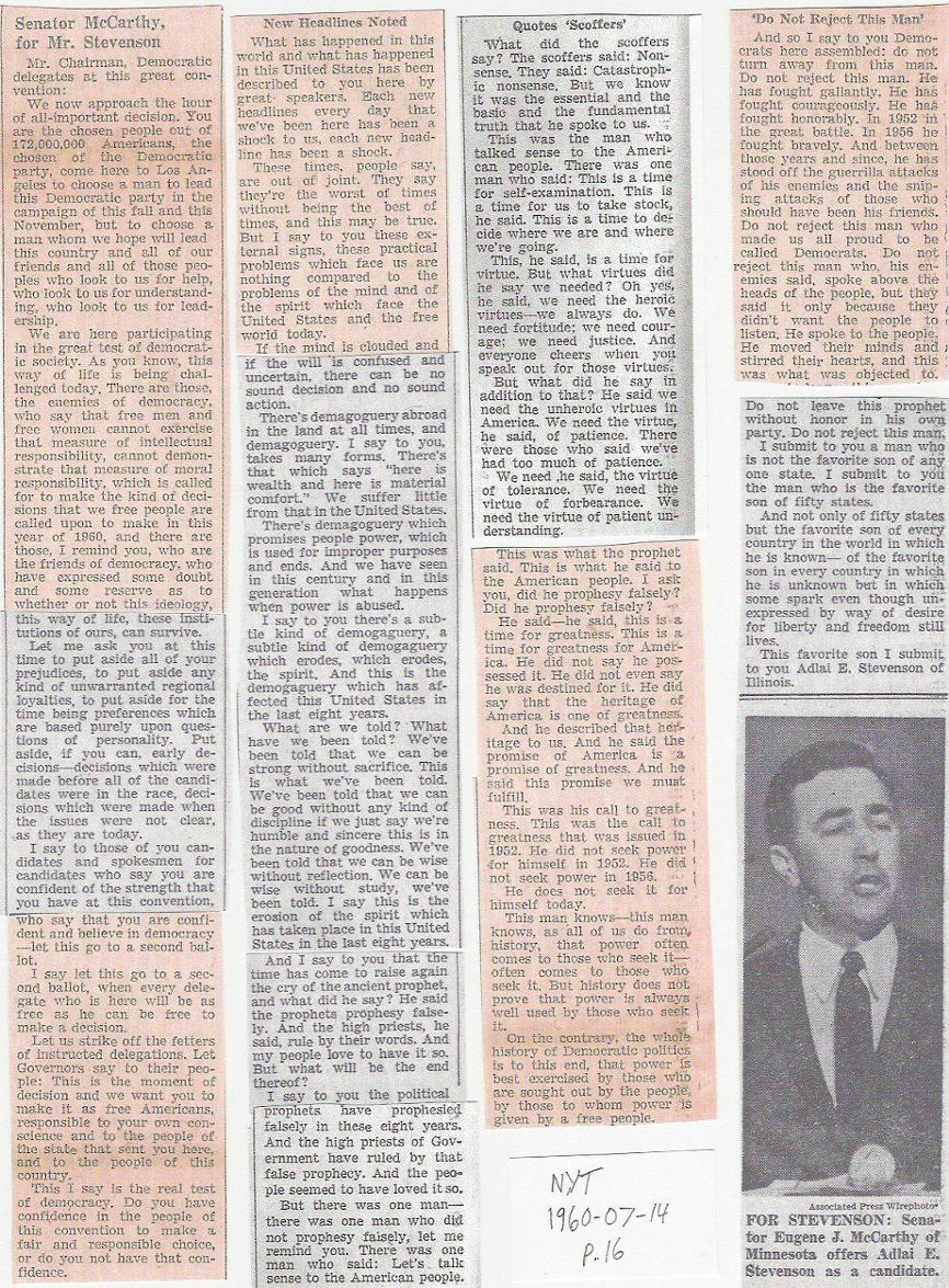 Eugene McCarthy's nominating speech for Adlai Stevenson, 1960