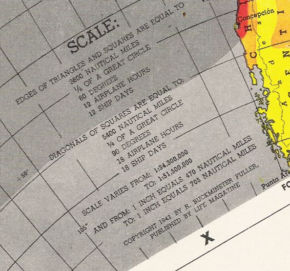 Life magazine color spread Buckminster Fuller Dymaxion map facet detail, scale error