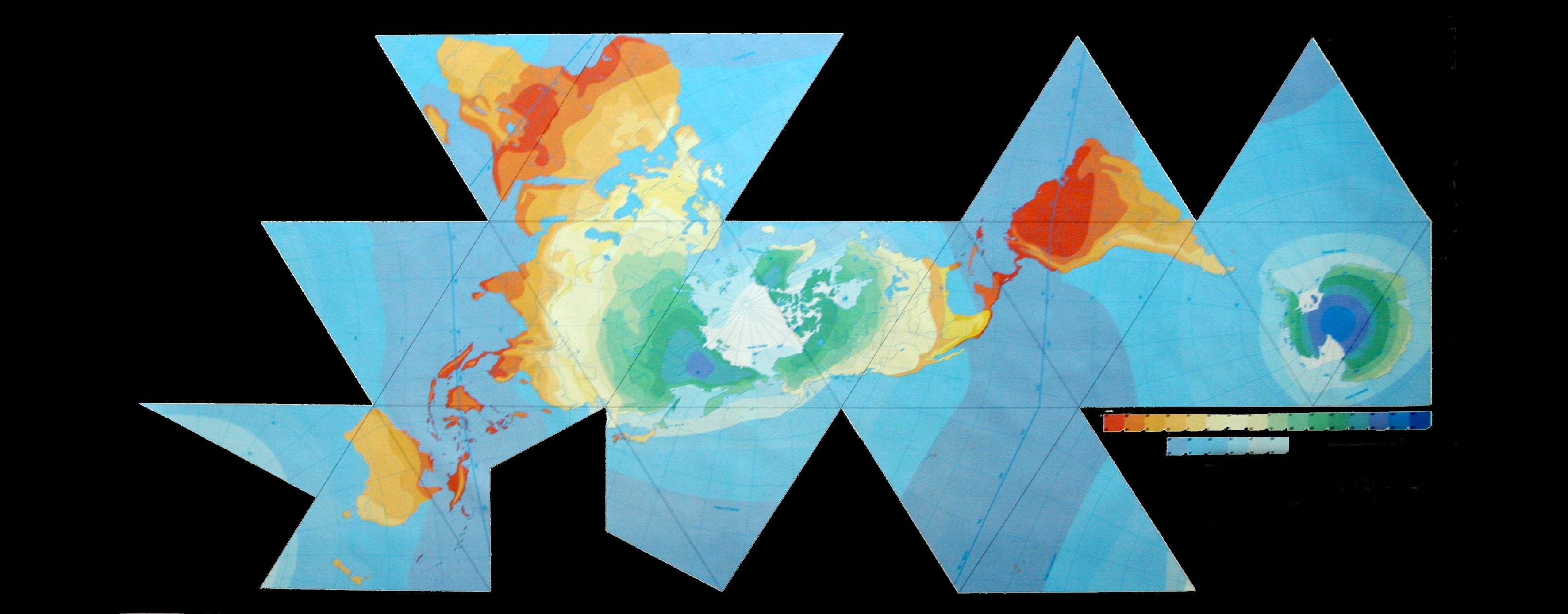 Dymaxion map, Earth Voyage version, large but blurry