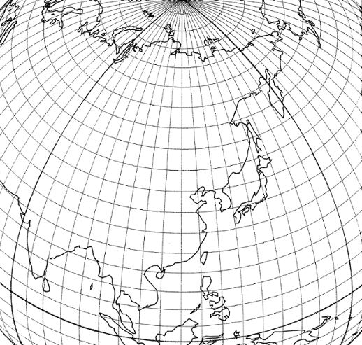 Orthographic map projection, East Asia, marked with Cahill-Keyes octants
