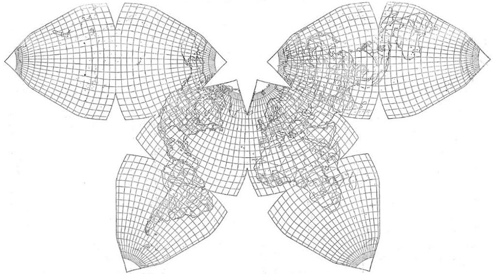 B.J.S. Cahill octahedral Butterfly World Map, 1936 version C with 5 degree graticule