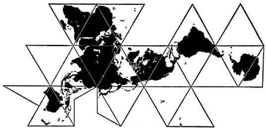 Dymaxion map, 1954 icosahedral, asymmetrical layout, compared to B.J.S. Cahill's octahedral