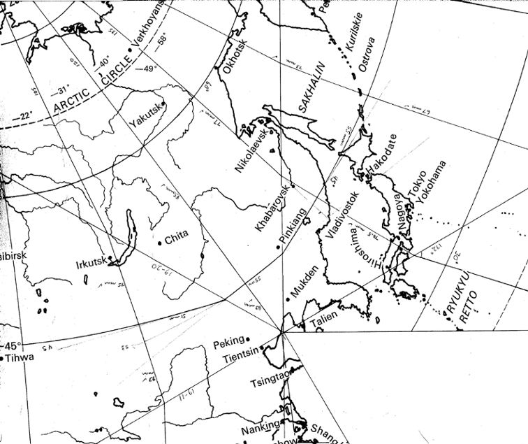 Dymaxion map, b&w outline, wall size, excerpt, East Asia