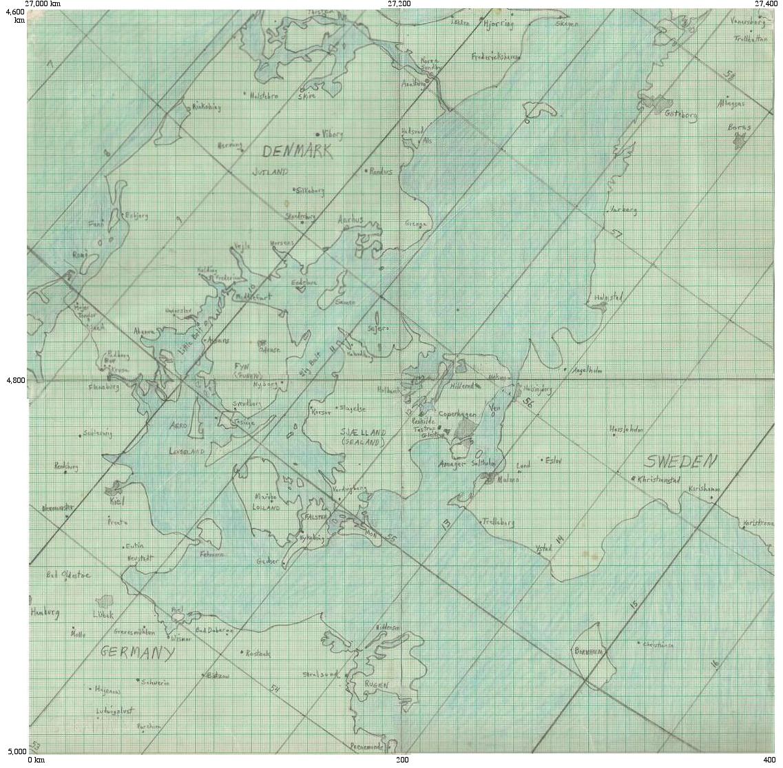Cahill-Keyes Megamap excerpt, Denmark, hand-drawn, 1/1,000,000