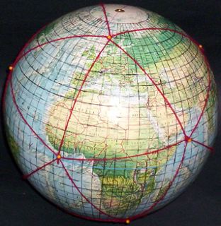 12-inch globe, with 5 degree geocells and Dymaxion map icosahedral triangles added by Gene Keyes; #18 of 20