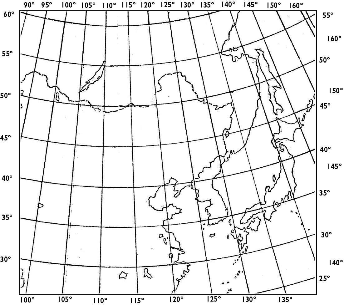 Cahill Butterfly Map, East Asia close-up, with graticule numbering added