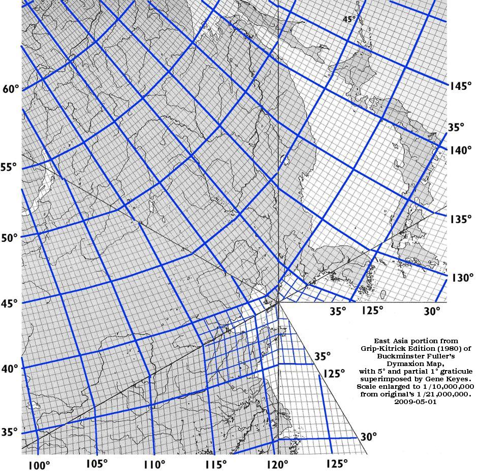 Dymaxion map, Grip-Kitrick, enlarged, with 5 and 1 degree graticule superimposed